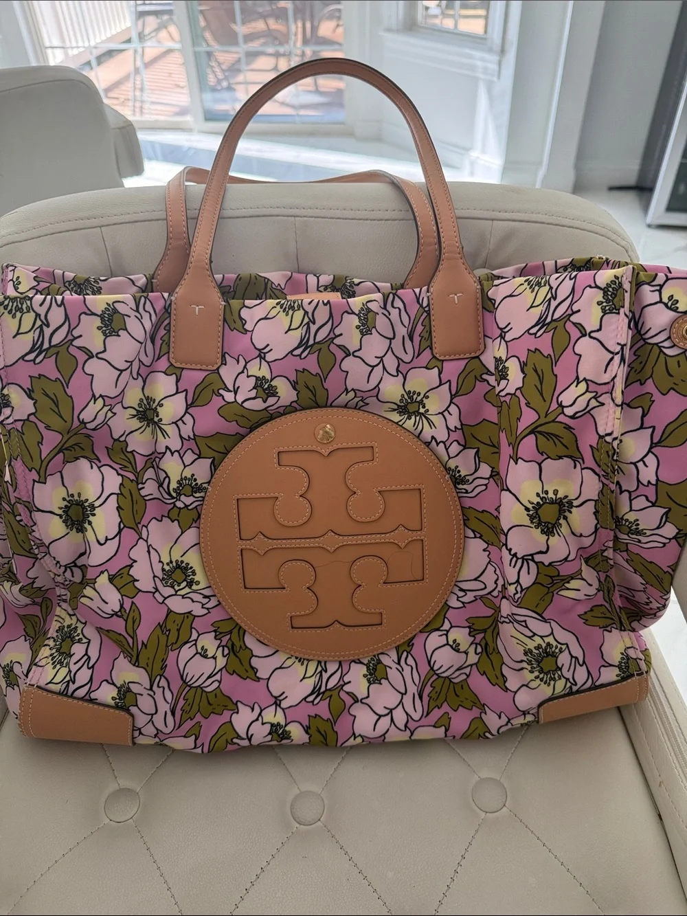 Tory Burch Ella Pink Floral  Tote with Tan Leather Trim large bag